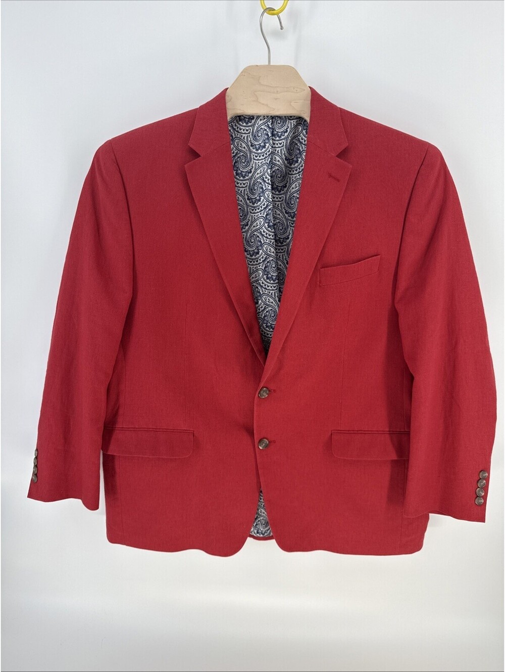 Chaps Blazer Jacket Sport Coat Mens 46R Solid Red Linen Blend Paisley Lining